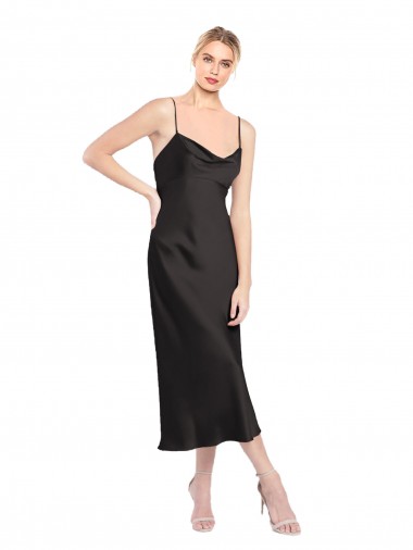 Best Stretch Satin Spaghetti Straps Sleeveless Low Back Midi Length Formal Evening Dress Canada