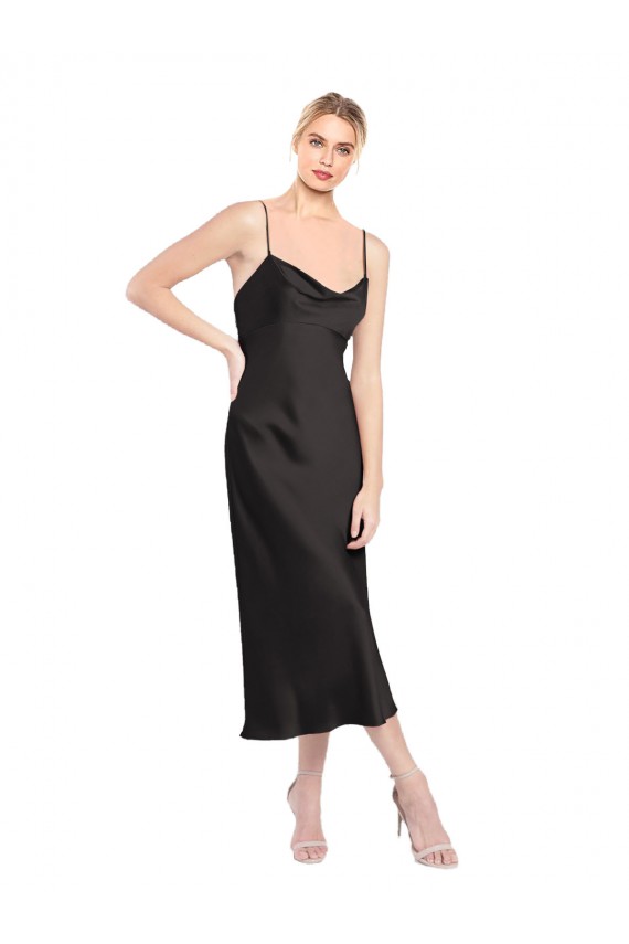 Best Stretch Satin Spaghetti Straps Sleeveless Low Back Midi Length Formal Evening Dress Canada