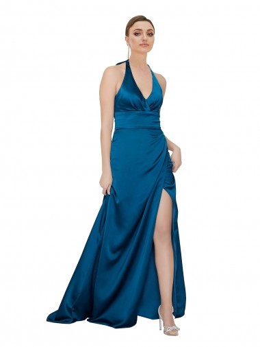 Best Silky Satin Halter Neck Sleeveless Open Back Long Formal Evening Gown Canada