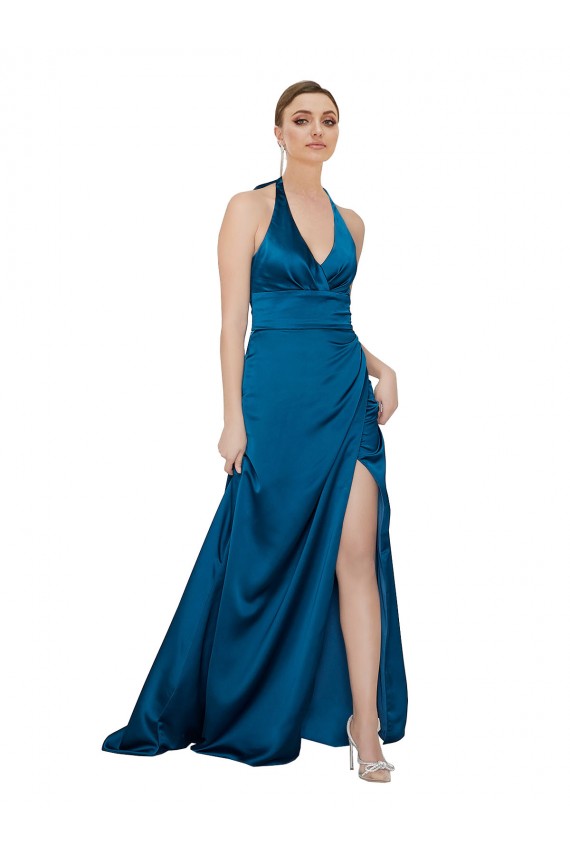 Best Silky Satin Halter Neck Sleeveless Open Back Long Formal Evening Gown Canada
