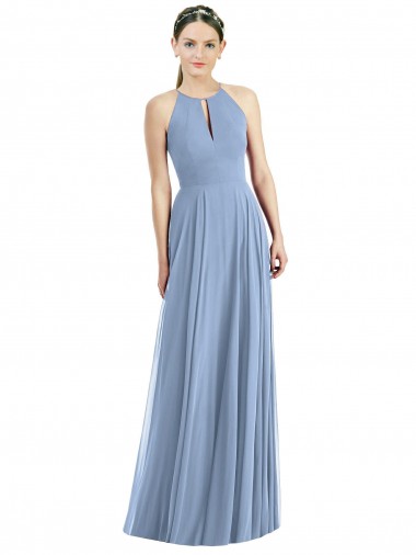 Best Soft Chiffon Halter Neck Sleeveless Dusty Blue Long Semi Formal Evening Dress Canada