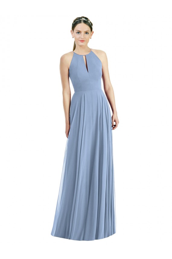 Best Soft Chiffon Halter Neck Sleeveless Dusty Blue Long Semi Formal Evening Dress Canada