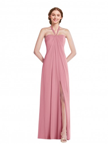 Best Soft Chiffon Halter Neck Sleeveless Open Back Skin Pink Long Semi Formal Evening Dress Canada