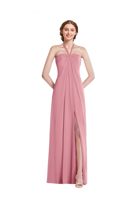 Best Soft Chiffon Halter Neck Sleeveless Open Back Skin Pink Long Semi Formal Evening Dress Canada