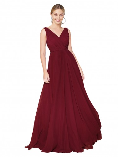 Best Soft Chiffon V-Neck Sleeveless V-Back Burgundy Long Formal Dress Canada