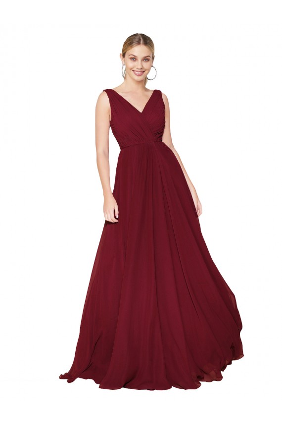 Best Soft Chiffon V-Neck Sleeveless V-Back Burgundy Long Formal Dress Canada