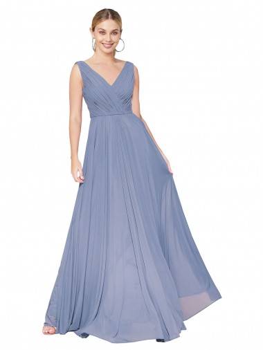 Best Soft Chiffon V-Neck Sleeveless V-Back Dusty Blue Long Formal Evening Dress Canada