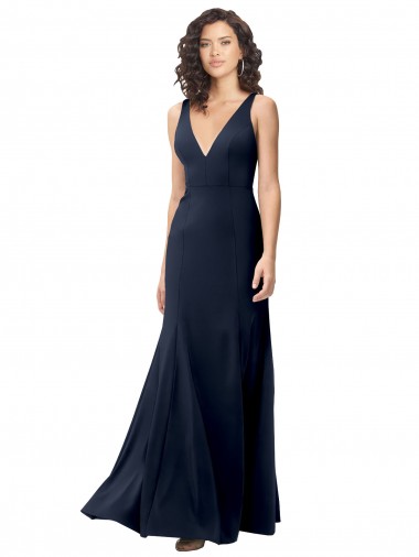 Best Stretch Crepe V-Neck Sleeveless V-Back Dark Navy Long Formal Dress Canada