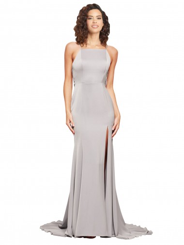 Best Stretch Satin High Neck Sleeveless Low Back Sweep Train Formal Evening Dress Canada