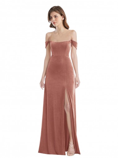 Best Stretch Velvet Off the Shoulder Sleeveless Cinnamon Rose Long Semi Formal Evening Dress Canada