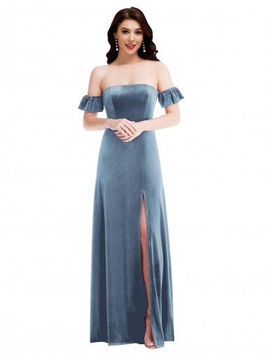 Best Stretch Velvet Off the Shoulder Ruffle Sleeves Low Back Long Formal Dress Canada