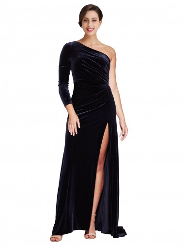 Best Stretch Velvet One Shoulder Long Sleeves Sweep Train Formal Evening Dress Canada