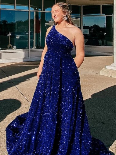 Best Velvet Sequin One Shoulder Sleeveless Sweep Train Evening Gown Canada