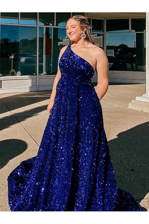 Best Velvet Sequin One Shoulder Sleeveless Sweep Train Evening Gown Canada