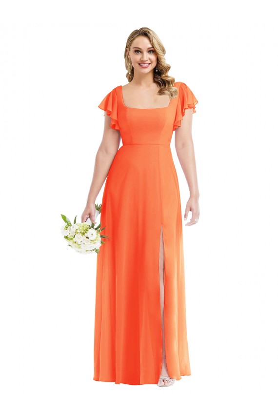 Best Soft Chiffon Square Neck Flutter Sleeves Open Back Long Semi Formal Evening Dress Canada