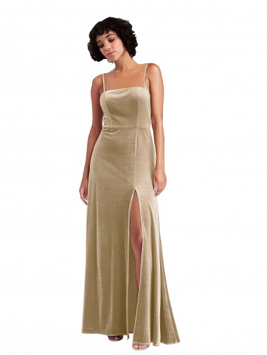 Best Stretch Velvet Square Neck Sleeveless Low Back Champagne Long Formal Evening Dress Canada