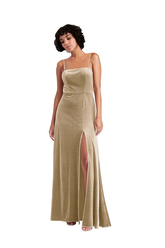 Best Stretch Velvet Square Neck Sleeveless Low Back Champagne Long Formal Evening Dress Canada