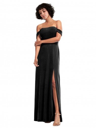 Best Stretch Velvet Off the Shoulder Sleeveless Black Long Formal Evening Dress Canada