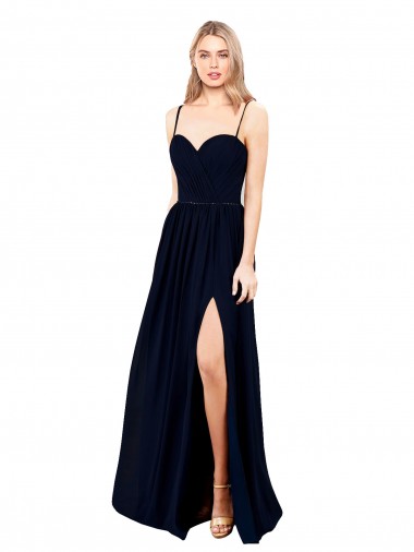 Best Soft Chiffon Spaghetti Straps Sleeveless Dark Navy Long Formal Evening Dress Canada