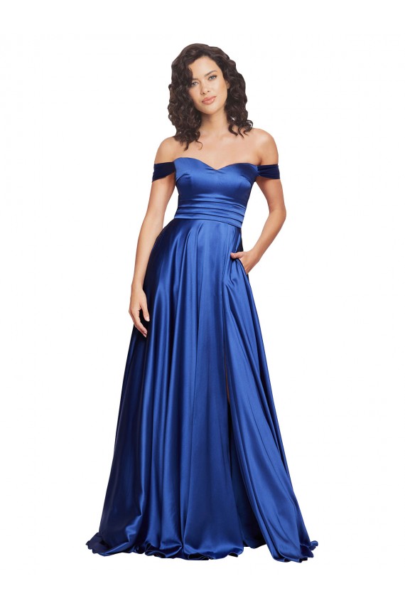Best Stretch Satin Off the Shoulder Sleeveless Sweep Train Formal Evening Dress Canada