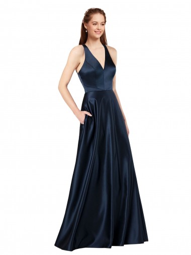 Best Satin V-Neck Sleeveless Keyhole Back Long Formal Evening Dress Canada