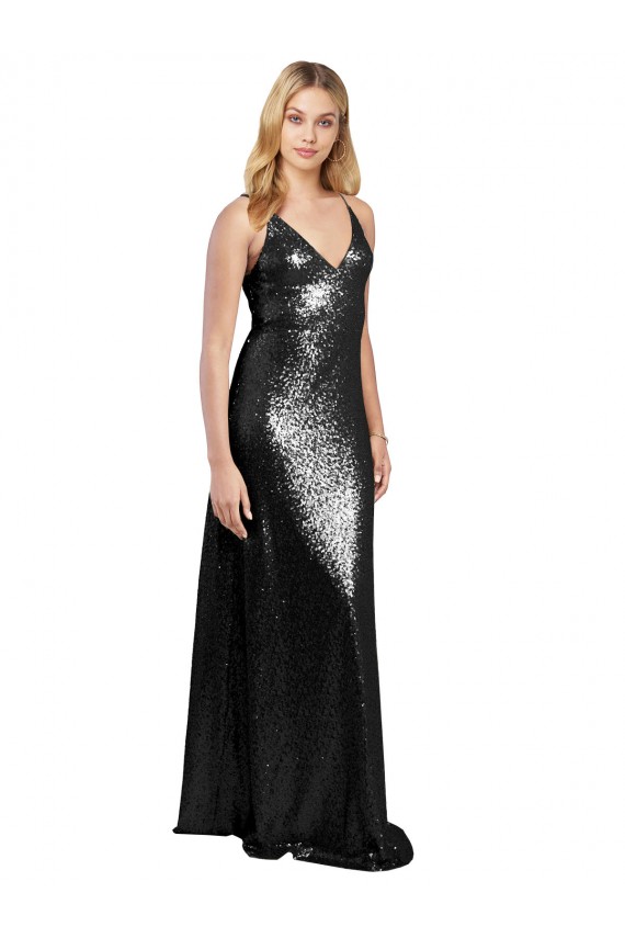 Best Sequin Spaghetti Straps Sleeveless V-Back Long Formal Evening Dress Canada