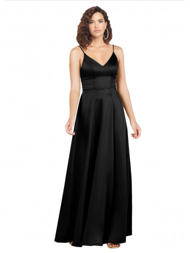 Best Silky Satin V-Neck Sleeveless V-Back Black Long Formal Evening Dress Canada