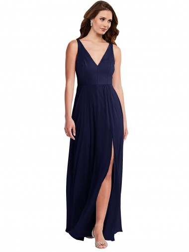 Best Soft Chiffon V-Neck Sleeveless V-Back Dark Navy Long Black Tie Evening Dress Canada