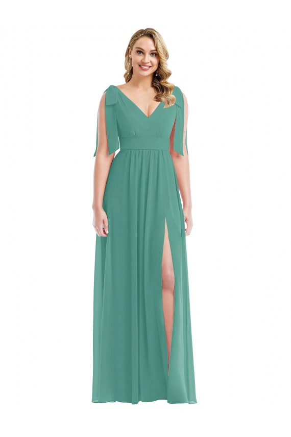 Best Soft Chiffon V-Neck Sleeveless V-Back Icelandic Silver Long Semi Formal Evening Dress Canada