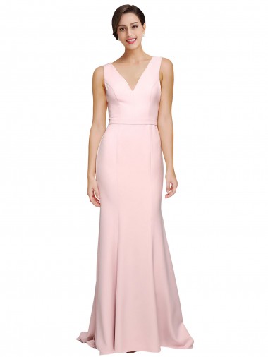 Best Stretch Crepe V-Neck Sleeveless V-Back Sweep Train Semi Formal Evening Dress Canada