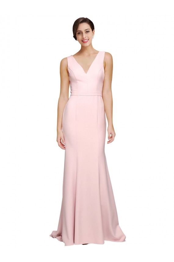 Best Stretch Crepe V-Neck Sleeveless V-Back Sweep Train Semi Formal Evening Dress Canada