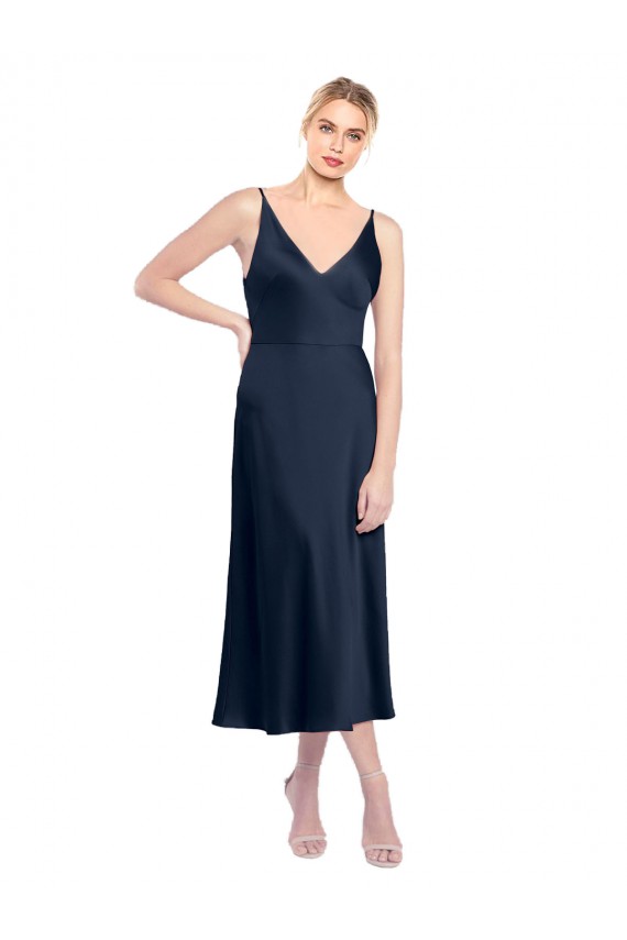 Best Stretch Satin V-Neck Sleeveless V-Back Midi Length Formal Evening Dress Canada