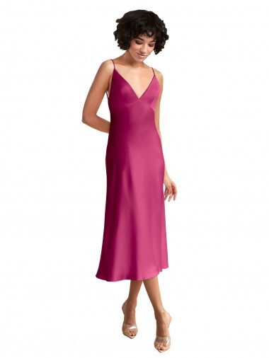 Best Stretch Satin V-Neck Sleeveless Low Back Midi Length Formal Evening Dress Canada