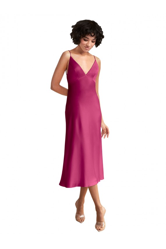 Best Stretch Satin V-Neck Sleeveless Low Back Midi Length Formal Evening Dress Canada