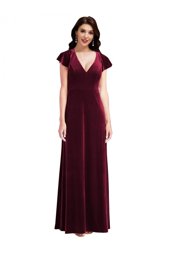 Best Stretch Velvet V-Neck Flutter Sleeves Long Semi Formal Evening Dress Canada