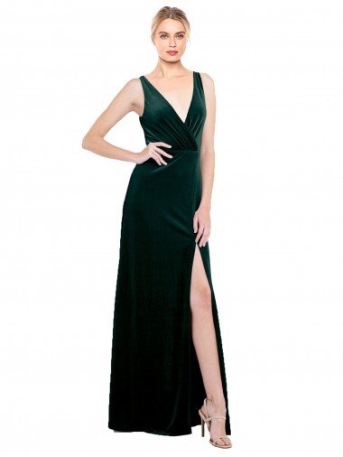Best Stretch Velvet V-Neck Sleeveless V-Back Dark Green Long Black Tie Evening Dress Canada