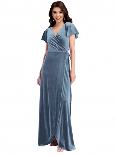 Best Stretch Velvet V-Neck Flutter Sleeves Long Black Tie Evening Dress Canada