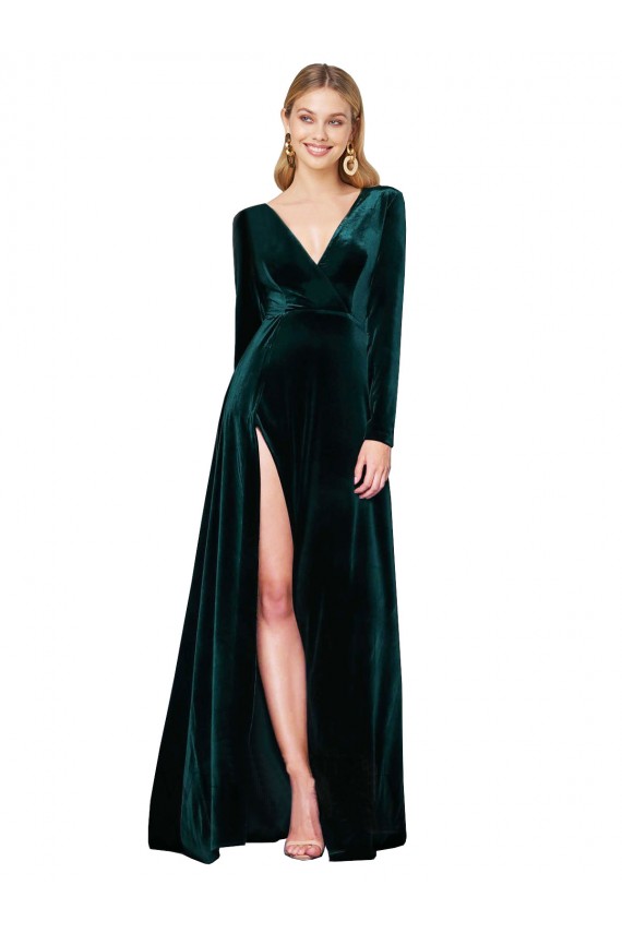 Best Stretch Velvet V-Neck Long Sleeves Sweep Train Black Tie Evening Dress Canada