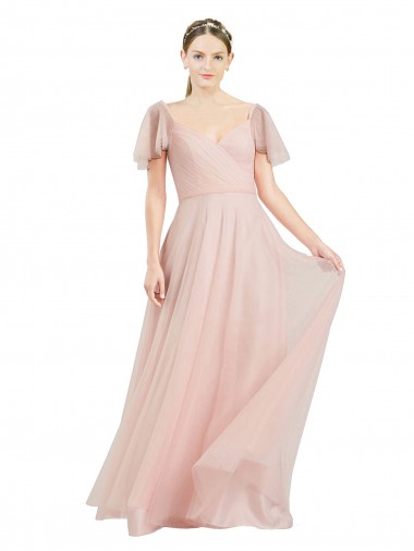 Best Tulle V-Neck Flutter Sleeves Long Formal Dress Canada