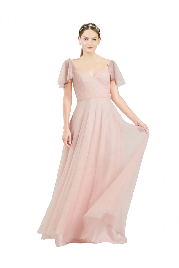 Best Tulle V-Neck Flutter Sleeves Long Formal Dress Canada