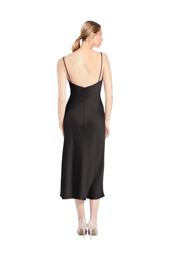 Best Stretch Satin Spaghetti Straps Sleeveless Low Back Midi Length Formal Evening Dress Canada