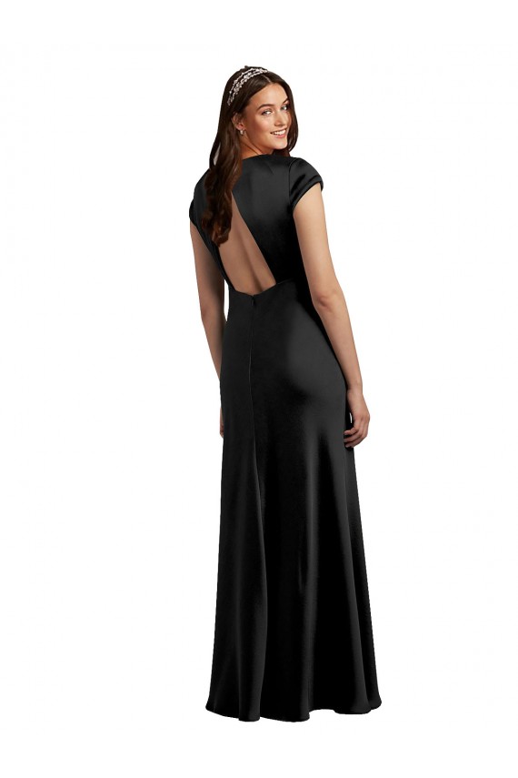 Best Stretch Satin V-Neck Cap Sleeves Keyhole Back Long Formal Evening Dress Canada