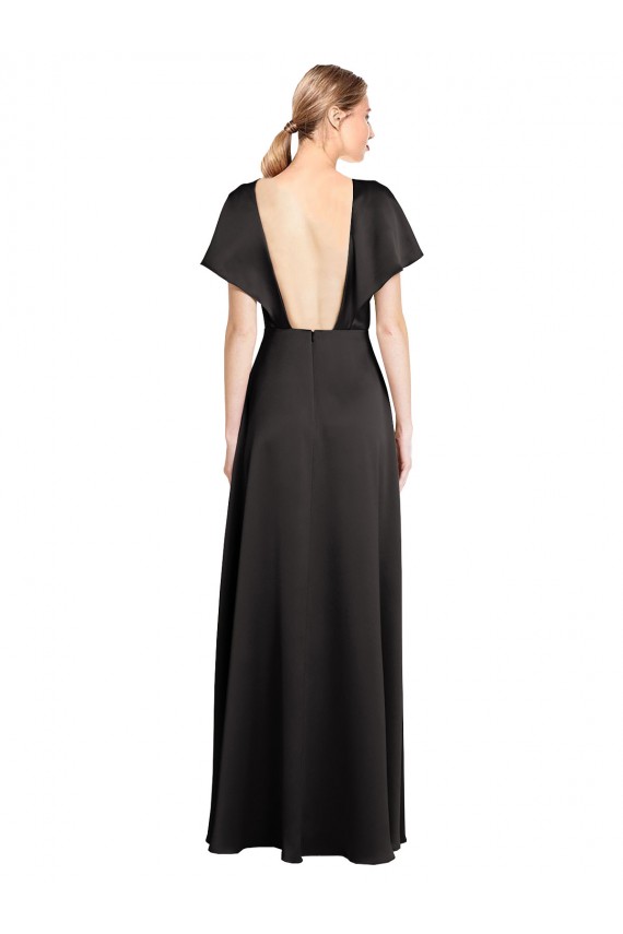 Best Stretch Satin V-Neck Cap Sleeves Open Back Long Evening Dress Canada