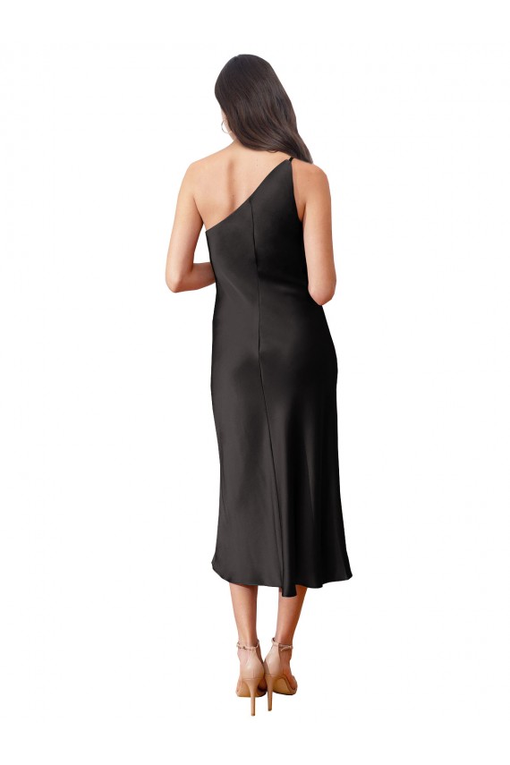 Best Stretch Satin One Shoulder Sleeveless Black Midi Length Black Tie Evening Dress Canada