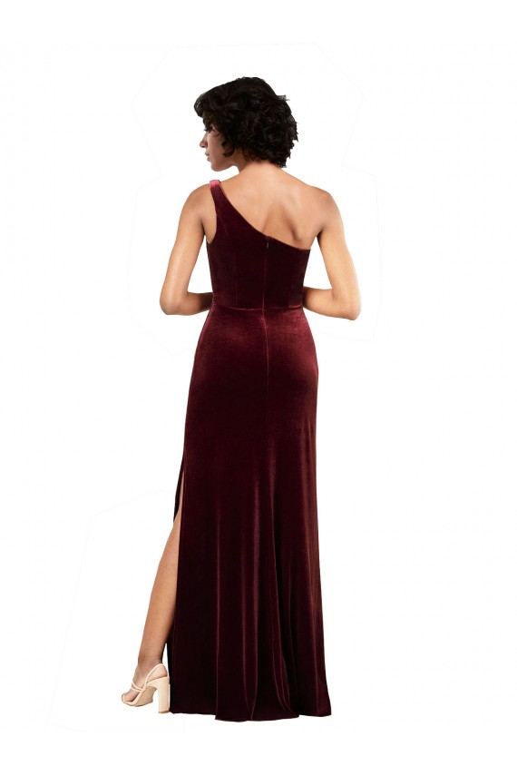 Best Stretch Velvet One Shoulder Sleeveless Burgundy Long Formal Evening Dress Canada