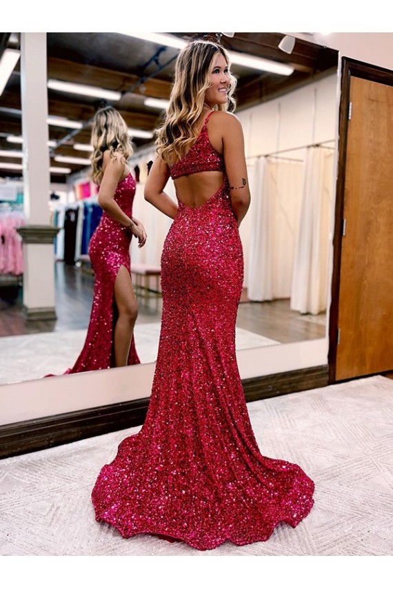 Best Velvet Sequin One Shoulder Sleeveless Sweep Train Evening Gowns Canada