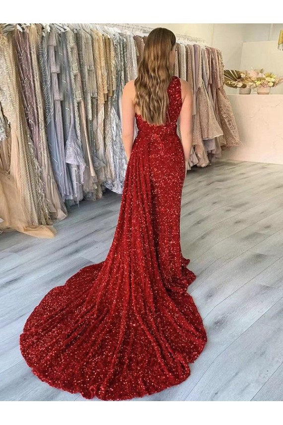 Best Velvet Sequin One Shoulder Sleeveless Court Train Evening Dress Canada