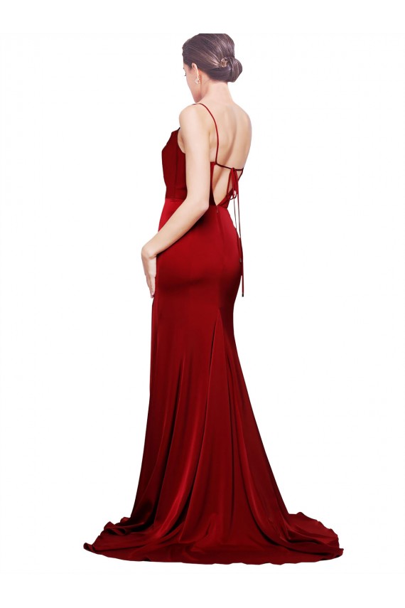 Best Stretch Satin Spaghetti Straps Sleeveless Open Back Sweep Train Black Tie Evening Dress Canada