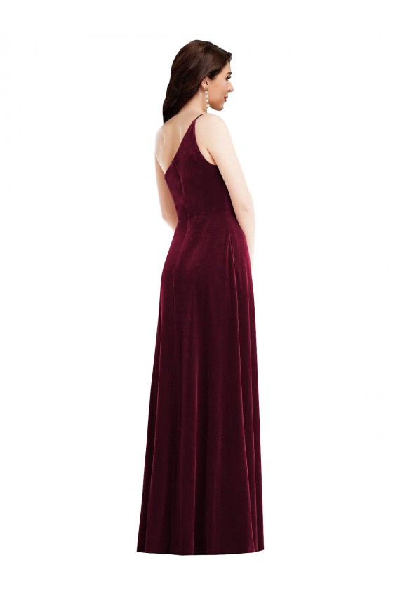 Best Stretch Velvet One Shoulder Sleeveless Burgundy Long Black Tie Evening Dress Canada