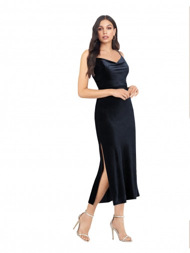 Best Stretch Velvet Cowl Neck Sleeveless Low Back Midi Length Formal Evening Dress Canada